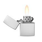 Open metal lighter with flame on white background.