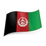 National flag of Afghanistan: black, red and green vertical stripes with coat-of-arms on central band