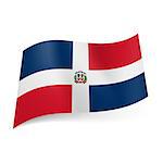 National flag of Dominican Republic: white cross with coat-of-arms, four red and blue rectangles