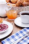 healthy french breakfast coffee croissant on wooden table