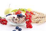 deliscious healthy breakfast with flakes and fruits isolated on white background