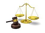 Golden scale and gavel on white background, symbols of law and justice