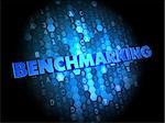 Benchmarking - Blue Color Text on Digital Background.