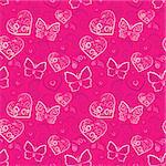 Romantic heart and butterfly vector seamless pattern (tiling). Pink, purple, white lush colors. Endless texture can be used for printing onto fabric and paper or scrap booking. Valentine background.