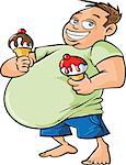 Cartoon overweight man holding two ice creams. Isolated