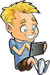 Cartoon of little boy using a computer tablet. Isolated