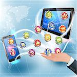 Business Concepts. Hand with Application Icons for Smartphone and Tablet PC on Abstract Background