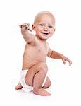Cute baby boy in diaper over white background