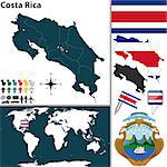 Vector map of Costa Rica with regions, coat of arms and location on world map