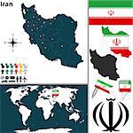 Vector map of Iran with regions, coat of arms and location on world map
