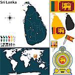 Vector map of Sri Lanka with regions, coat of arms and location on world map
