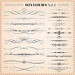 Set of vector vintage calligraphic design elements and page decoration, dividers and dashes