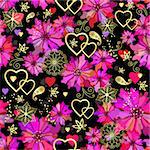 Valentine seamless dark floral grunge pattern with pink flowers  and hearts (vector)