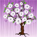 Spring decorative tree with white translucent flowers and butterflies and wave strips (vector eps 10)