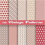 10 Vintage different vector seamless patterns (tiling). Endless texture for wallpaper, fill, web page background, surface texture. Set of monochrome geometric ornament. Red and beige shabby colors.