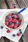 Homemade berry ice cream decorated with fresh blueberries and raspberries