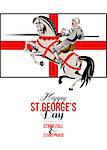 Poster greeting card Illustration of knight in full armor riding a horse armed with lance with England English flag in background done in retro style with words Stand Tall Stand Proud  Happy St. George's Day.