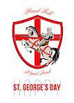 Poster greeting card Illustration of knight in full armor riding a horse armed with lance with England English flag in background done in retro style with words Stand Tall, Happy St. George's Day.