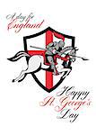 Poster greeting card Illustration of knight in full armor riding a horse armed with lance with England English flag in background done in retro style with words A Day For England Happy St. George's Day.