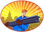 Illustration of construction steel worker carrying i-beam girder with hook done in retro style.