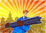 Poster illustration of construction steel worker carrying i-beam girder with hook done in retro style.