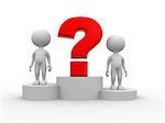 3d people - men, person on podium and question mark. The concept of business success