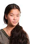 Asian girl looking on camera against white background