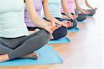 Closeup of cropped sporty women in lotus pose at a bright fitness studio