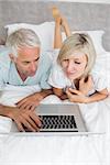 Relaxed mature couple using laptop in bed at home