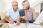 Concentrated mature man and woman with bills and calculator sitting on sofa at home