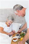 Senior man giving breakfast tray to happy wife in bed at home