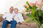 Portrait of happy senior couple relaxing on sofa at home