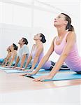 Side view of a fit class exercising in row at fitness studio