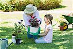 View of a grandmother and granddaughter engaged in gardening