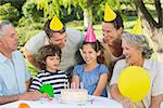 Cheerful extended family wearing party hats at a birthday celebration in the park