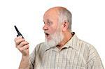 senior bald man talking using walkie-talkie, with mouth open