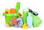 Beach baby toys, towels and bottles. Isolated on white background