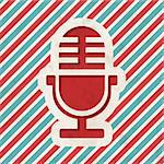 Microphone Icon on Red and Blue Striped Background. Vintage Concept in Flat Design.