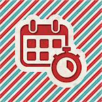 Calendar with Stopwatch on Red and Blue Striped Background. Vintage Concept in Flat Design.