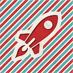 Icon of Go Up Rocket on Red and Blue Striped Background. Vintage Concept in Flat Design.