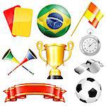 Soccer Symbols with Brazil Ball, Ribbon, Flag and Trophy, isolated on white background vector