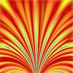 Digital abstract fractal image with a firework fountain fan design in yellow, orange and red colors.