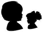 child head and her doll head silhouette vector