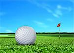 Golf Ball on Turf with Flag and Blue Sky