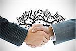 Composite image of business handshake against debt cloud doodle
