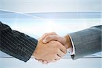 Composite image of business handshake against linear grey background