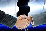 Composite image of business handshake against doorway on technological background