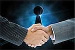 Composite image of business handshake against keyhole on technological black background