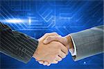 Composite image of business handshake against futuristic blue circuit board