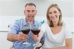 Portrait of a couple holding wine glasses in the kitchen at home